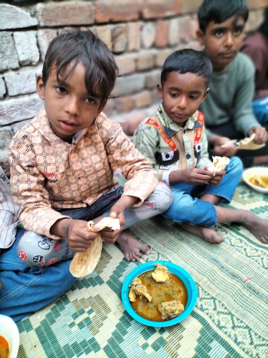 Deux petits garçons mangent un repas de poulet
